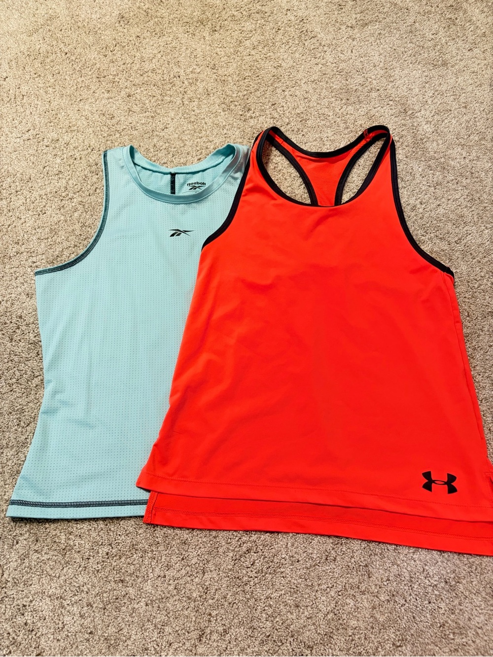 Under Armour Neon Orange Tank + Reebok Light Aqua Athletic Tank